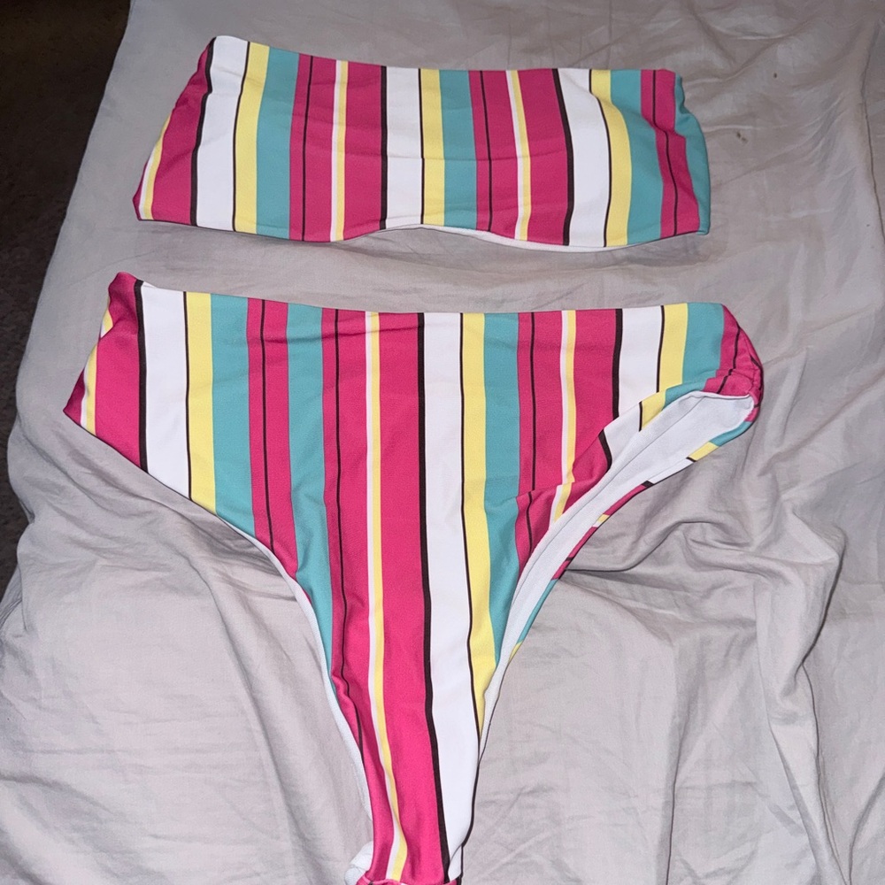 SHEIN Multicolor Stripe Bandeau Bikini Set - Pink, Teal, Yellow, White